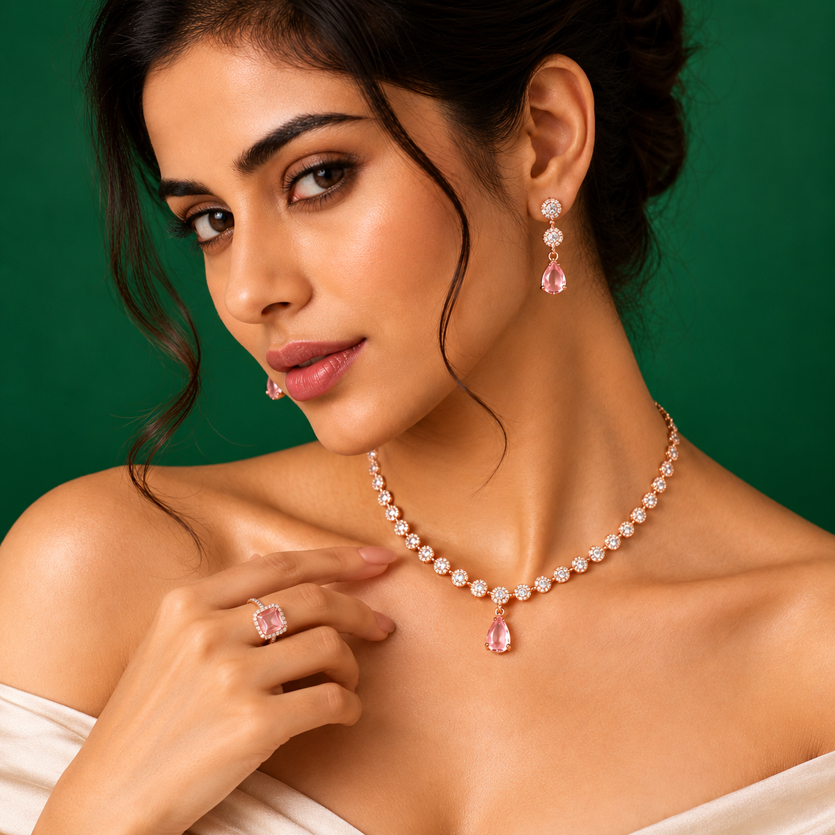 Rose Gold CZ Necklace Set – 18K Rose Gold Plated Jewellery Set