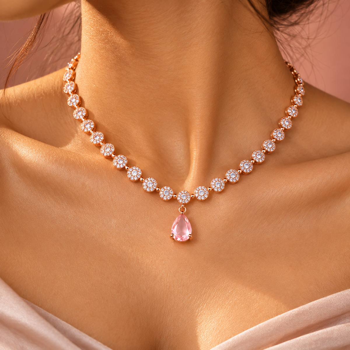Rose Gold CZ Necklace Set – 18K Rose Gold Plated Jewellery Set