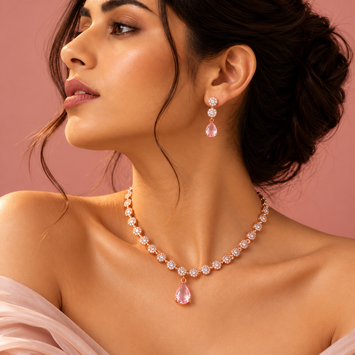 Rose Gold CZ Necklace Set – 18K Rose Gold Plated Jewellery Set