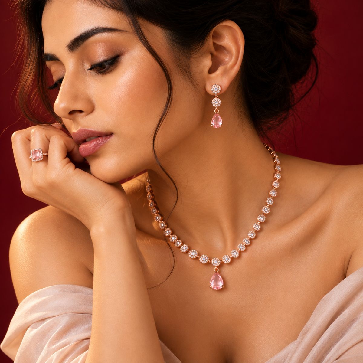 Rose Gold CZ Necklace Set – 18K Rose Gold Plated Jewellery Set
