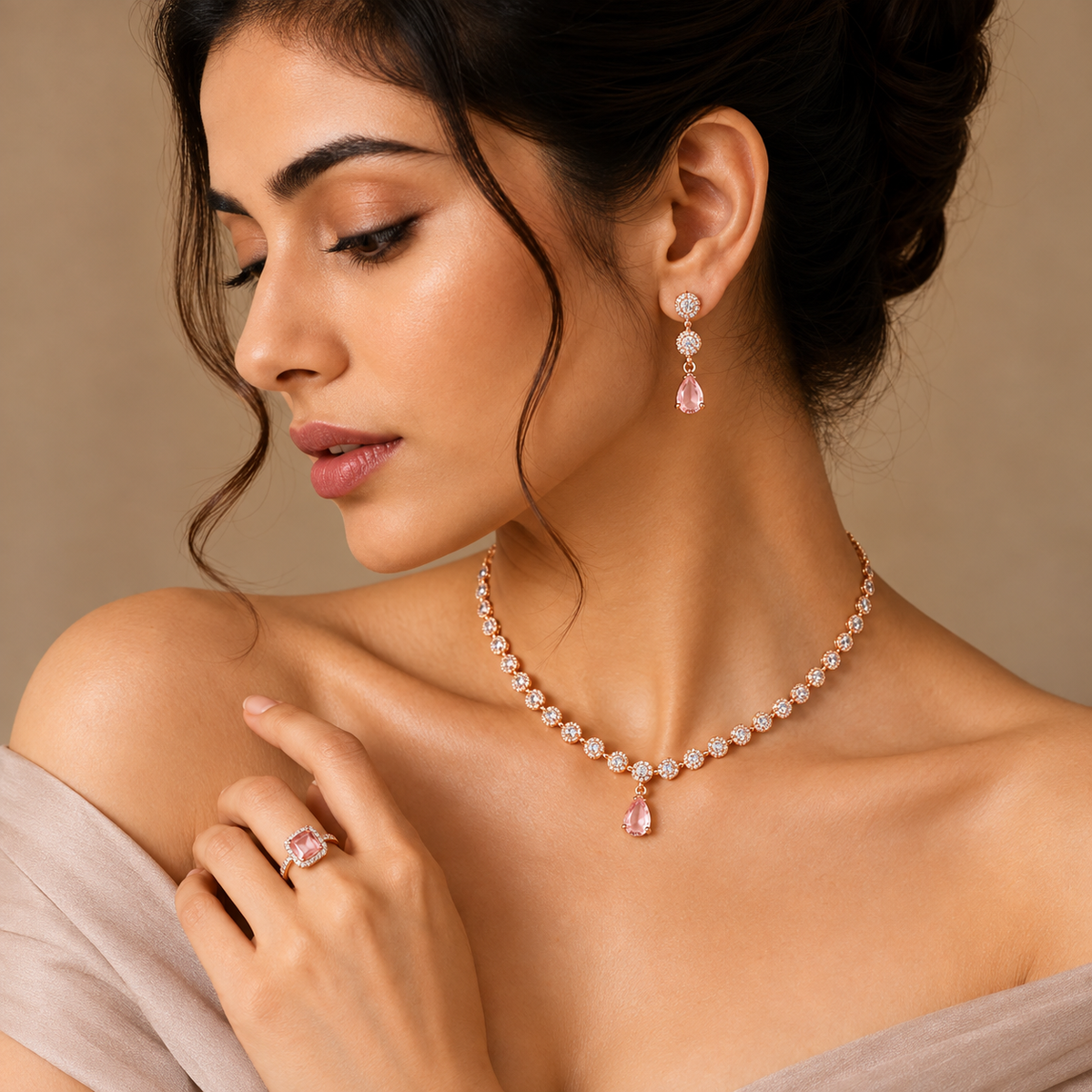 Rose Gold CZ Necklace Set – 18K Rose Gold Plated Jewellery Set