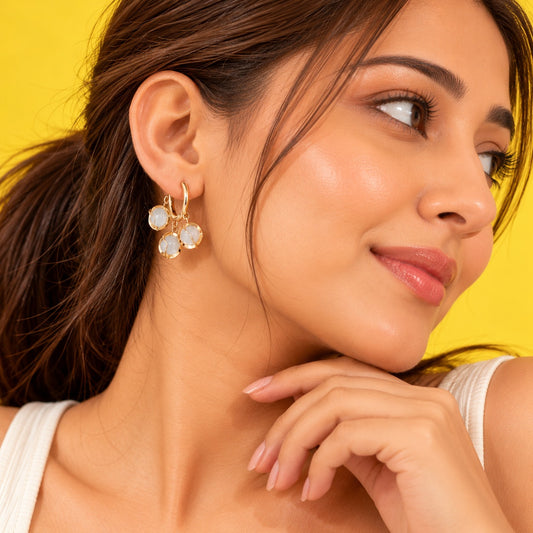 Moonstone Opal Charm Hoop Earrings - Gold Plated